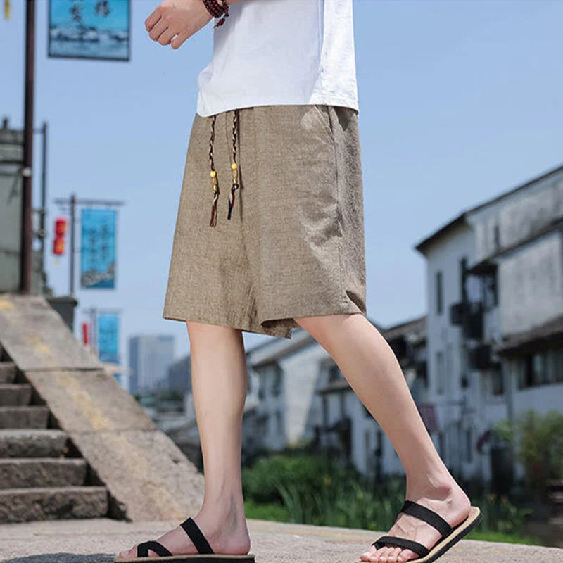 Buddha Stones Weaving Waist Rope Beads Cropped Linen Men's Shorts With Pockets