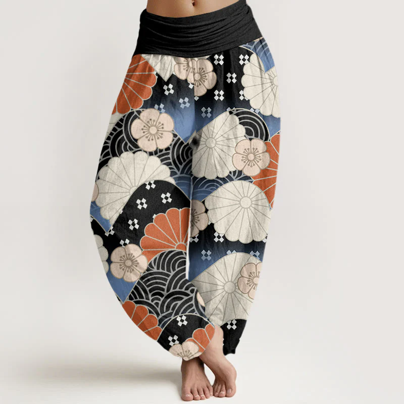 Buddha Stones Casual Abstract Petal And Wave Pattern Women's Elastic Waist Harem Pants