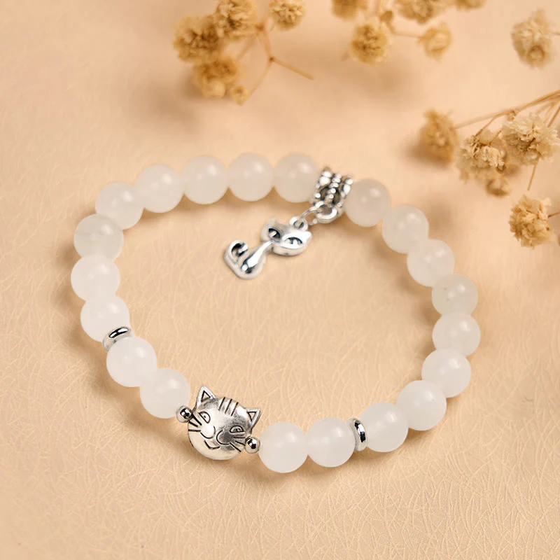 Buddha Stones White Cat White Jade Luck Blessing Bracelet