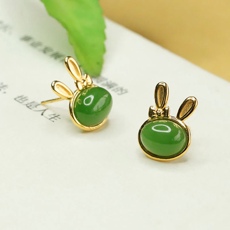 Buddha Stones 925 Sterling Silver Hetian Cyan Jade Cute Rabbit Luck Stud Earrings