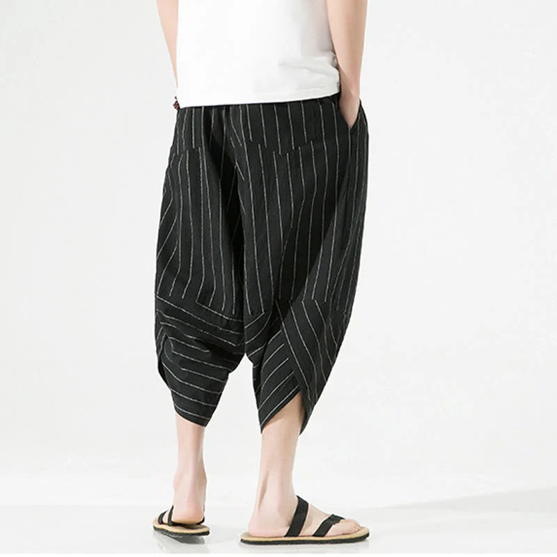 Buddha Stones Casual Plain Stripes Pattern Drawstring Men's 7-8 Length Cotton Linen Harem Pants With Pockets