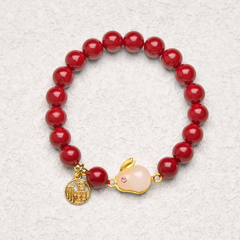Buddha Stones Cinnabar Rabbit Bunny Fu Character Blessing Bracelet