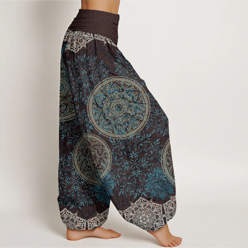 Buddha Stones Mandala Pattern Leaves Women's Elastic Waist Harem Pants