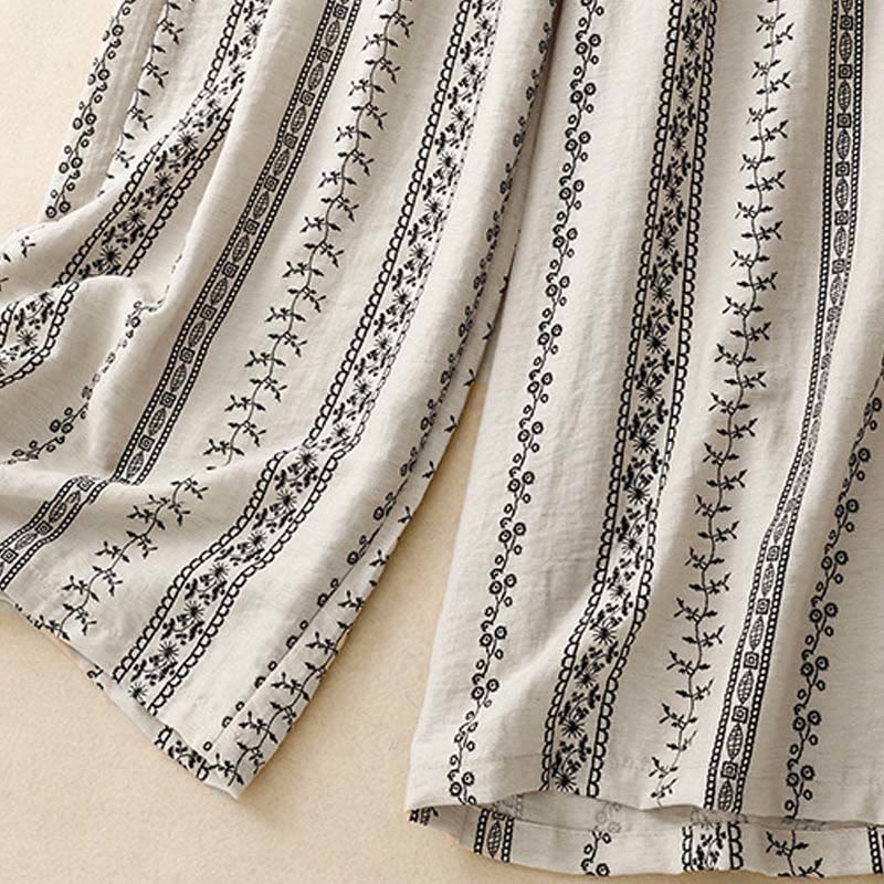 Buddha Stones Casual Vertical Printing Cotton Linen Women's Wide Leg Pants With Pockets