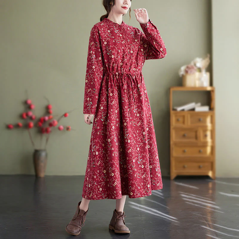 Buddha Stones Ethnic Printing Drawstring Long Sleeve Cotton Linen Midi Dress With Pockets
