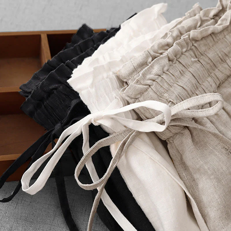 Buddha Stones Casual High Waist Ruffled Drawstring Design Women's Wide Leg Cotton Pants With Pockets