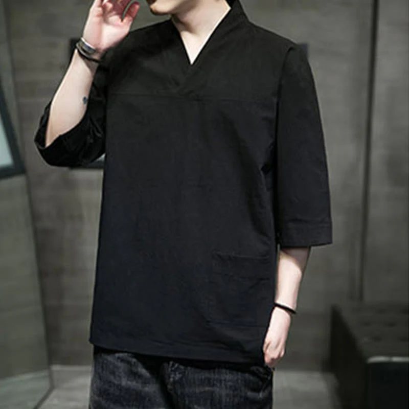 Buddha Stones Summer Casual Simple V-Neck Design Men's Cotton Linen Three Quarter Sleeve T-Shirt With Front Pocket