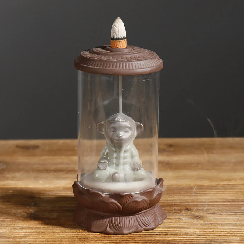 Buddha Stones Meditation Wukong Monkey King Purple Clay Windshield Lotus Backflow Smoke Fountain Incense Burner Decoration