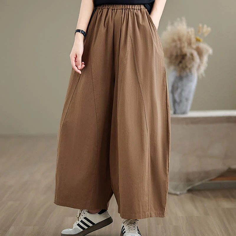 Buddha Stones Casual Plain Cotton Women's 7-8 Length Wide Leg Pants With Pockets