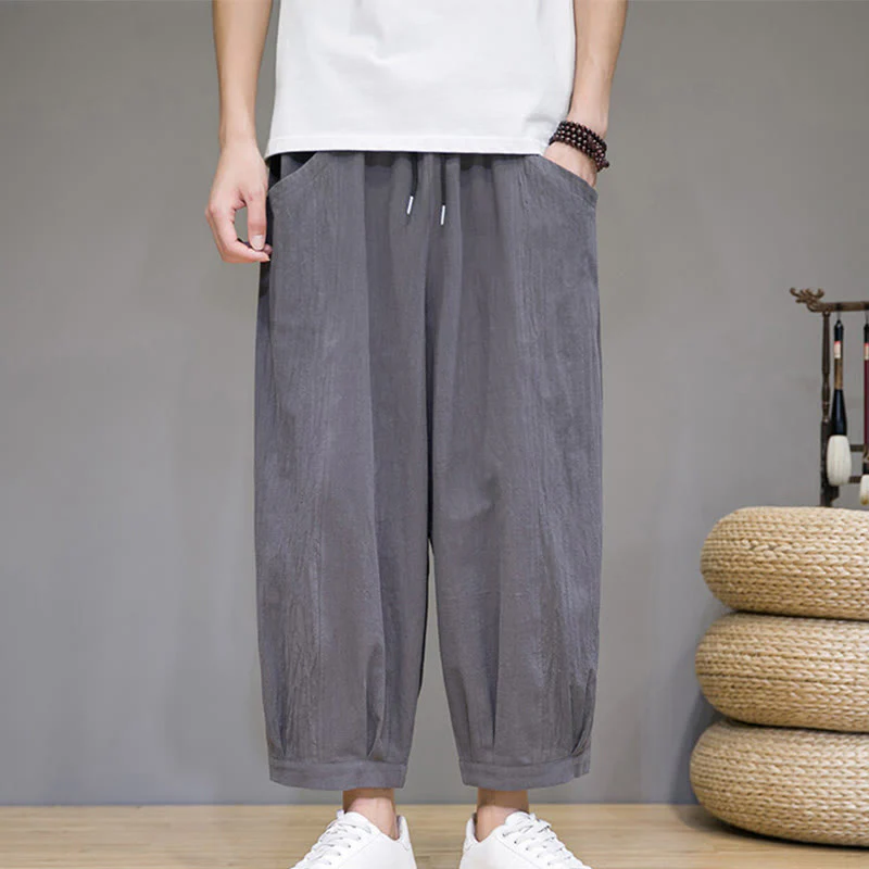 Buddha Stones Casual Plain Men's Cotton 7-8 Length Harem Pants With Pockets
