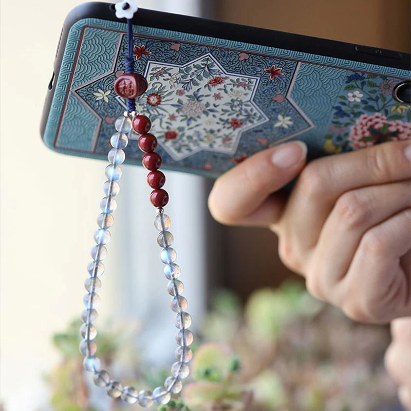 Buddha Stones Natural Moonstone Cinnabar Calm Positive Phone Decoration