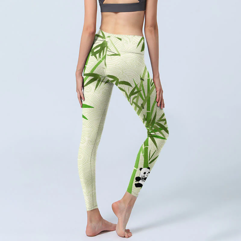 Buddha Stones Lush Bamboo Panda Auspicious Cloud Waves Print Gym Leggings Women's Yoga Pants