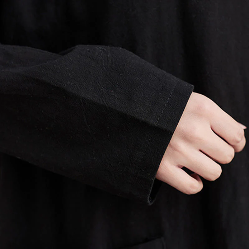 Buddha Stones Fall Casual Simple Design Long Sleeve Cotton Linen Maxi Dress With Pockets