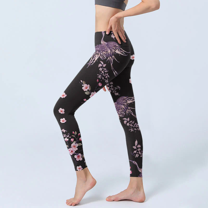 Buddha Stones Pink Flowers Flying Cranes Print Gym Leggings Women's Yoga Pants