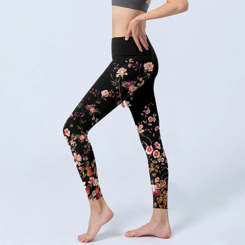 Buddha Stones Pink Roses Beige Flowers Print Gym Fitness Leggings Women's Yoga Pants