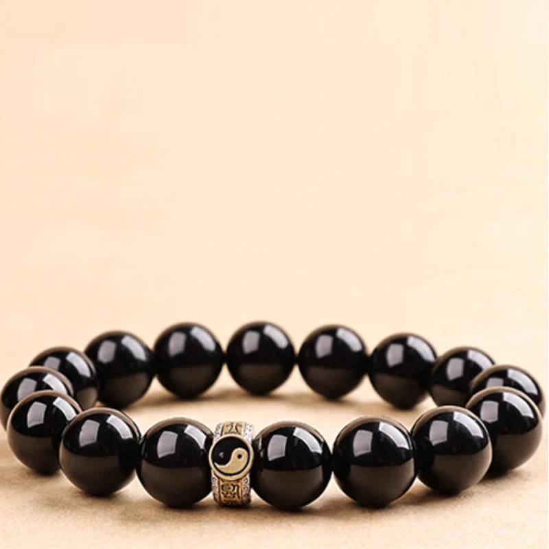 Buddha Stones Black Obsidian Yin Yang Nine-Character Mantra Fulfilment Bracelet