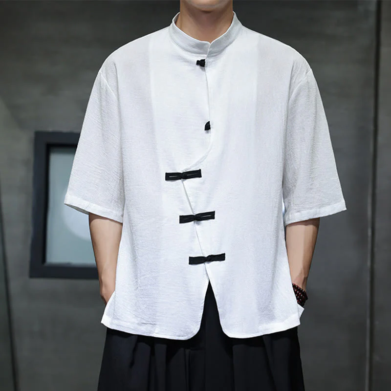Buddha Stones Casual Plain Chinese Frog-Button Stand Collar Cotton Linen Men's Shirt