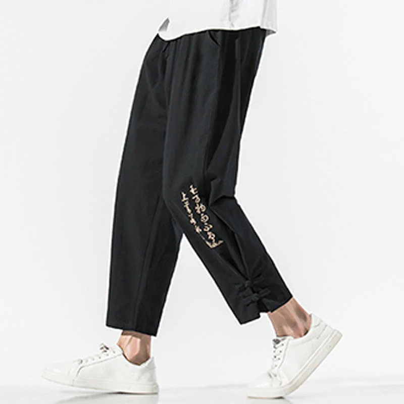 Buddha Stones Summer Chinese Characters Embroidery Men's Cotton Linen Pants With Pockets