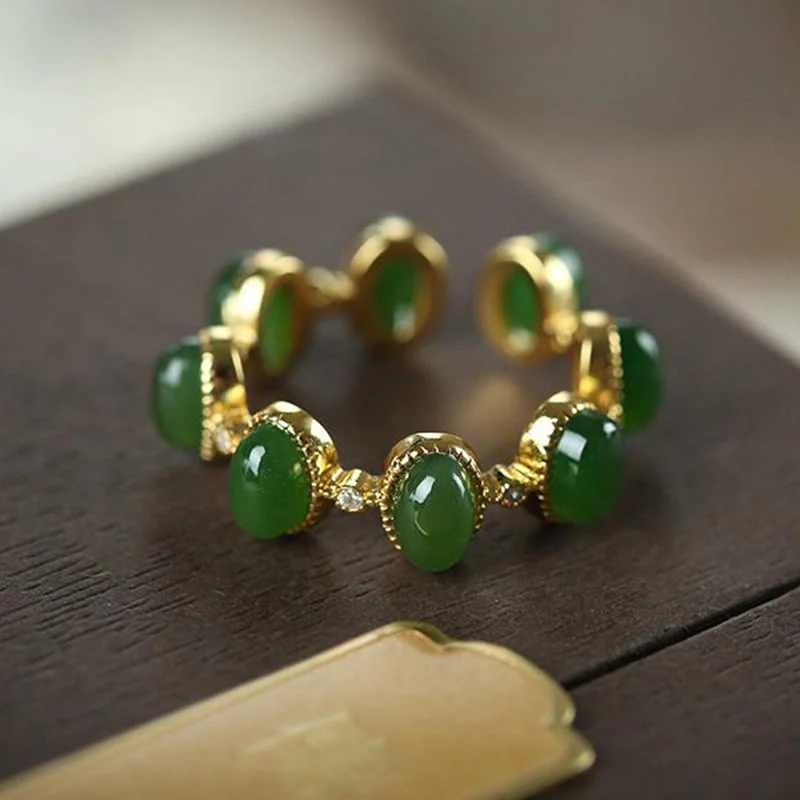 Buddha Stones 925 Sterling Silver Hetian Cyan Jade Beads Healing Adjustable Ring