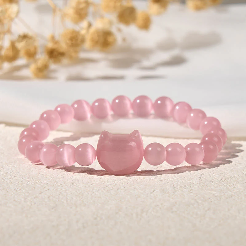 Buddha Stones Lovely Cat Head Pink Cat's Eye White Cat's Eye Spiritual Beads Bracelet