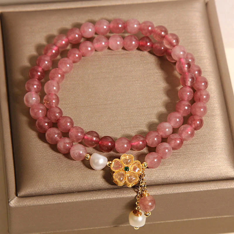 Buddha Stones Strawberry Quartz Four Leaf Clover Double Wrap Design Positive Bracelet