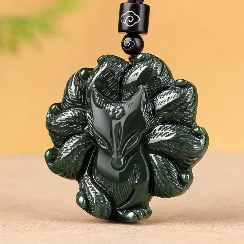 Buddha Stones Hetian Cyan Jade Nine Tailed Fox Luck Necklace String Pendant