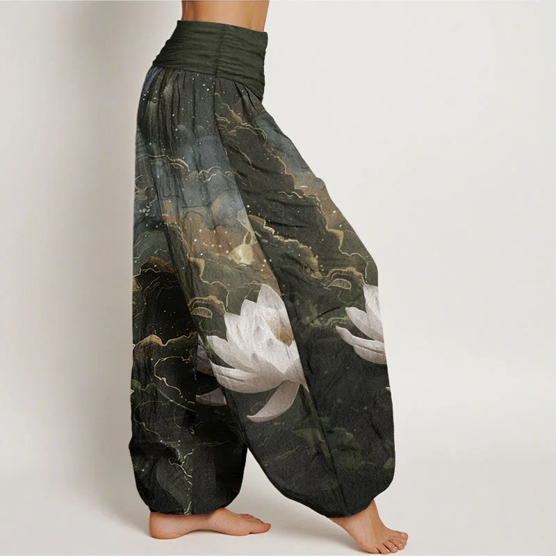 Buddha Stones Pure Cotton Casual Lotus Starry Sky Clouds Pattern Women's Elastic Waist Harem Pants