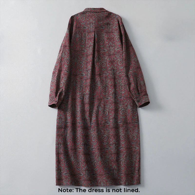 Buddha Stones Brown Retro Printing Floral Pattern Lapel Cotton Linen Midi Dress With Pockets