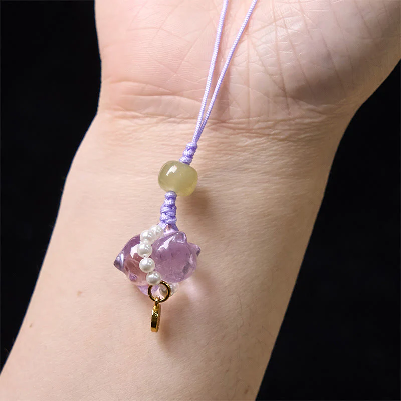 Buddha Stones Pink Crystal Amethyst Citrine Pearl Fu Character Lucky Kitten Warmth Phone Hanging Decoration
