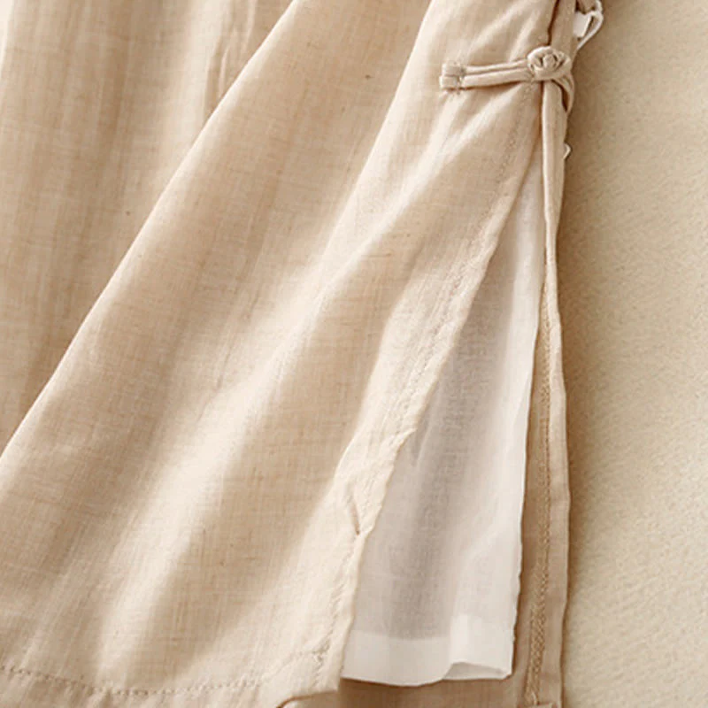 Buddha Stones Frog-Button Hem Slit Design Women's Wide Leg Cotton Linen Pants With Pockets