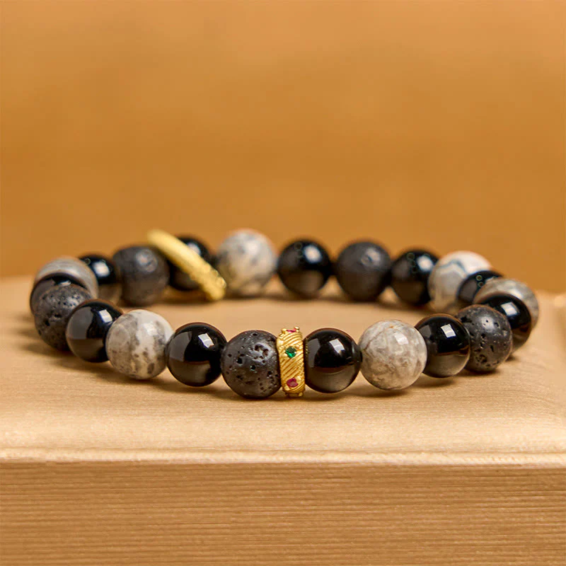 Buddha Stones Lava Rock Black Onyx Picasso Jasper Healing Bracelet