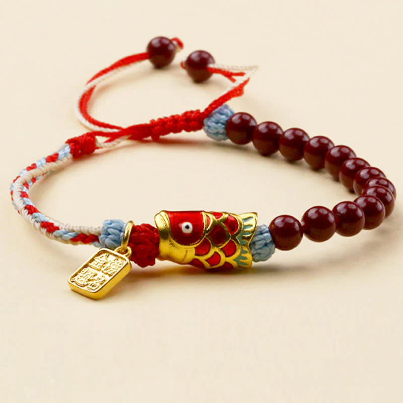 Buddha Stones Cinnabar Beads Lucky Koi Fish Blessing Bracelet