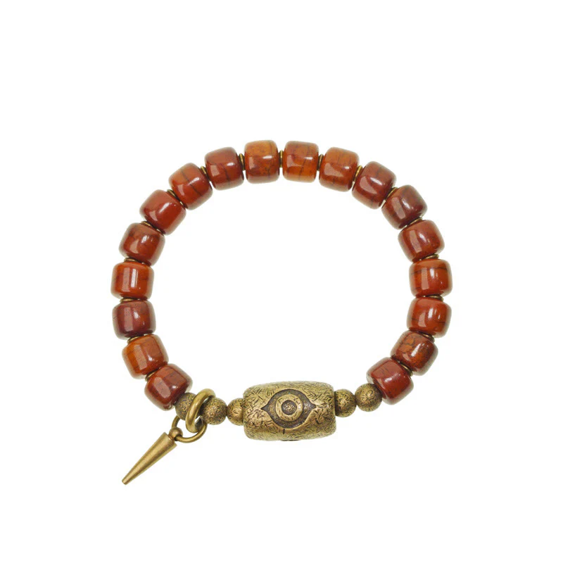 Buddha Stones Bone Beads Dzi Shape Copper Cone Pendant Strength Bracelet