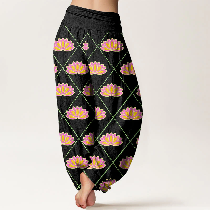 Buddha Stones Casual Vibrant Lotus Flower Pattern Women's Elastic Waist Harem Pants