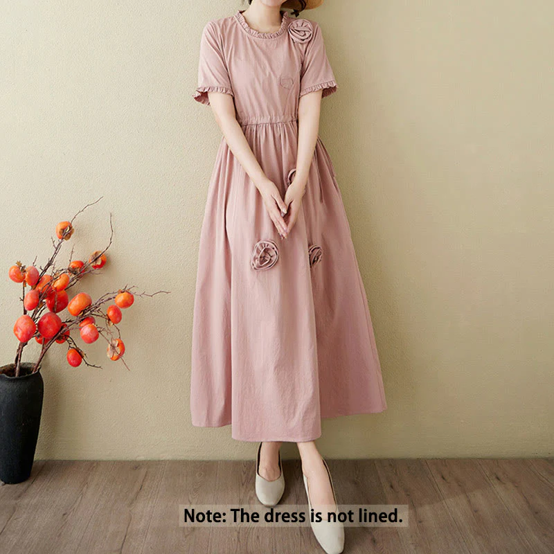 Buddha Stones Three-Dimensional Flower Design Ruffled Neck Cotton Linen Midi Dress With Pockets