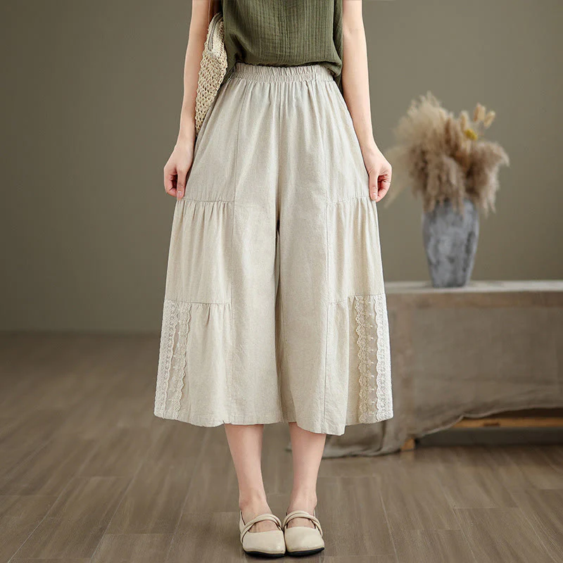 Buddha Stones Casual Plain Lace Splicing Cotton Linen Women's Cropped Wide Leg Pants With Pockets