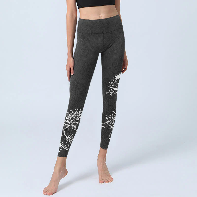 Buddha Stones White Sketch Lotus Flowers Leaves Print Gym Leggings Women's Yoga Pants