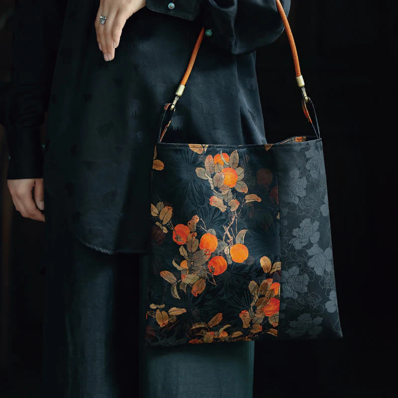 Buddha Stones Bamboo Leaves Flower Butterfly Persimmon Shoulder Bag Handbag