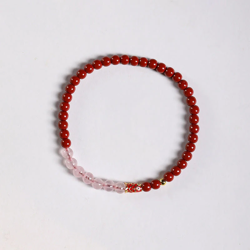 Buddha Stones Natural Cinnabar Pink Crystal Strawberry Quartz Lucky Koi Fish Blessing Bracelet