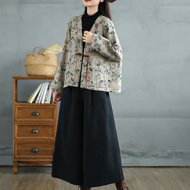 Buddha Stones Printing Floral Frog-Button Open Front Cardigan Cotton Linen Jacket With Pockets