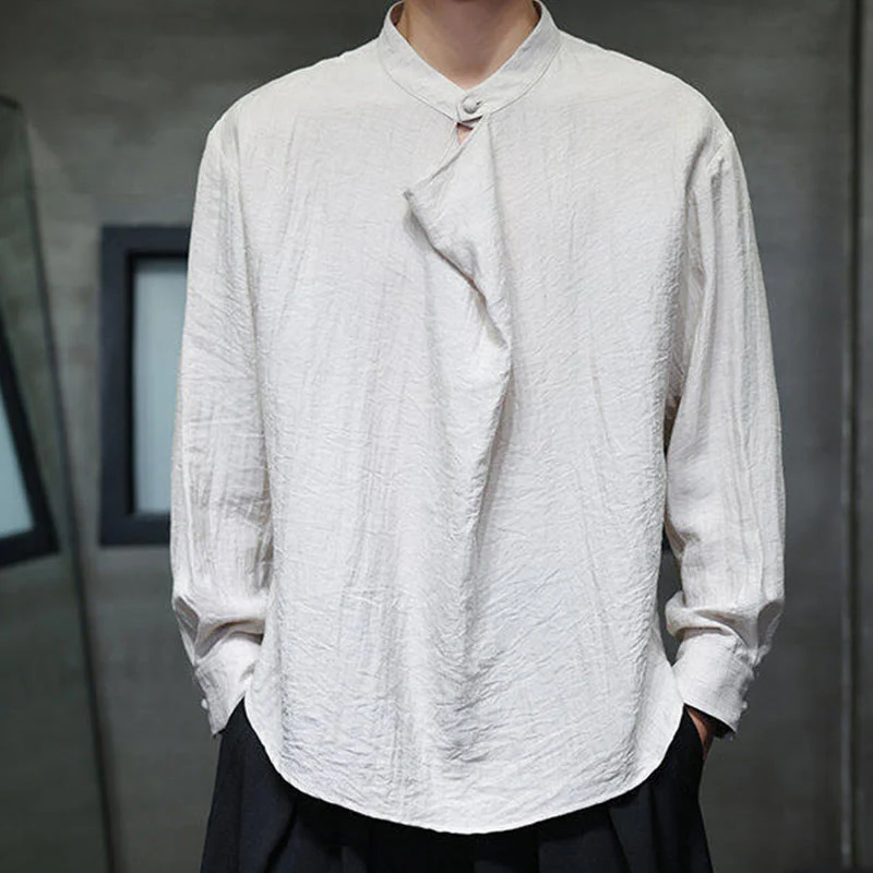 Buddha Stones Spring Solid Color Pleated Stand Collar Design Tang Suit Men's Long Sleeve Linen Shirt