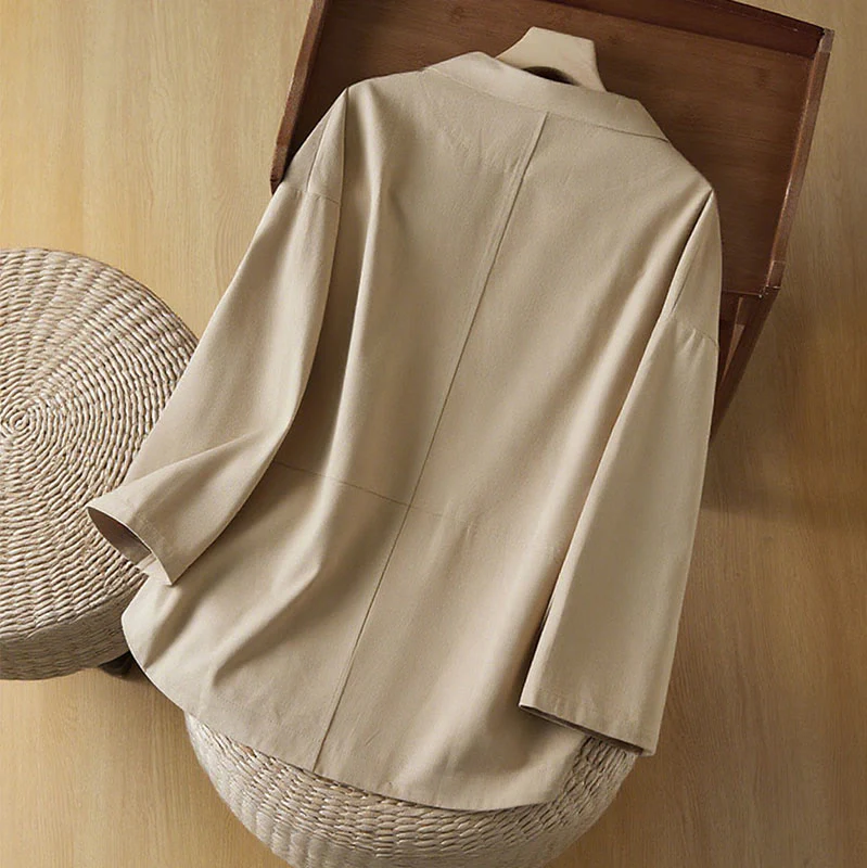 Buddha Stones Plain Button Women's Cotton Suit Jacket With Pockets