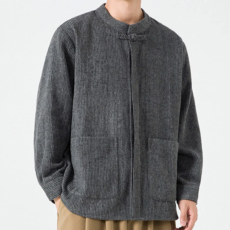 Buddha Stones Long Sleeve Frog-button Design Men's Cotton Jacket Shirt With Pockets