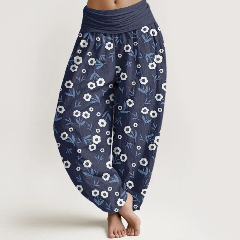 Buddha Stones Casual Simple Flowers Leaves Pattern Women's Elastic Waist Harem Pants
