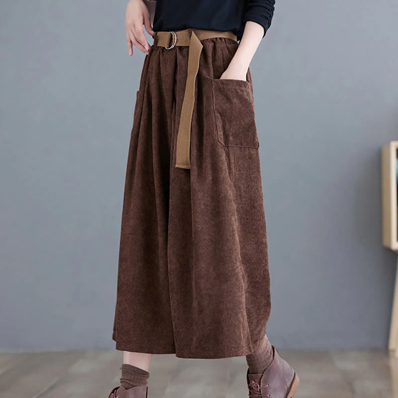 Buddha Stones Retro Women's Wide Leg 7-8 Length Corduroy Cotton Pants With Pockets Belt