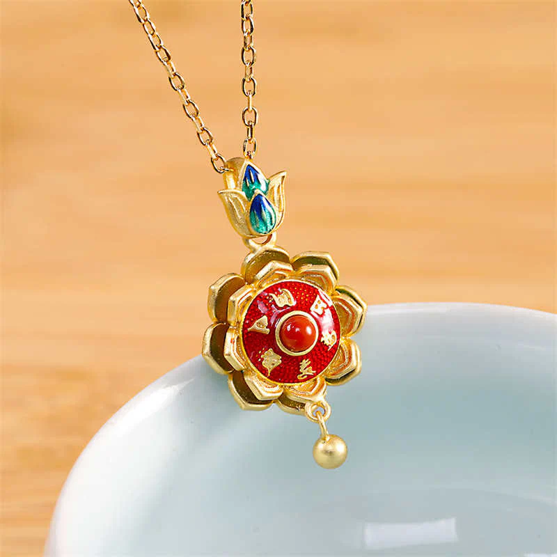 Buddha Stones 925 Sterling Silver Tibet Lotus Prayer Wheel Red Agate Enlightenment Necklace Pendant
