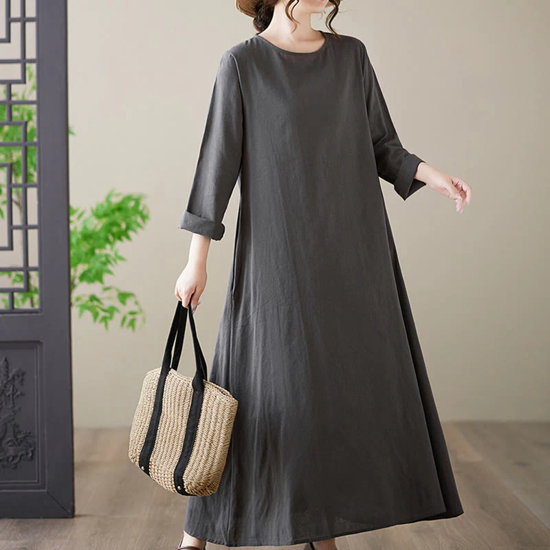 Buddha Stones Casual Plain Crew Neck Cotton Linen Midi Dress With Pockets