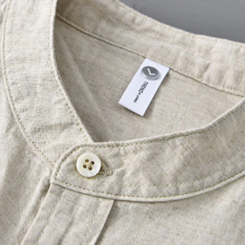 Buddha Stones Men's Long Sleeve Stand Collar With Pocket Pure Color Casual Cotton Linen Shirt