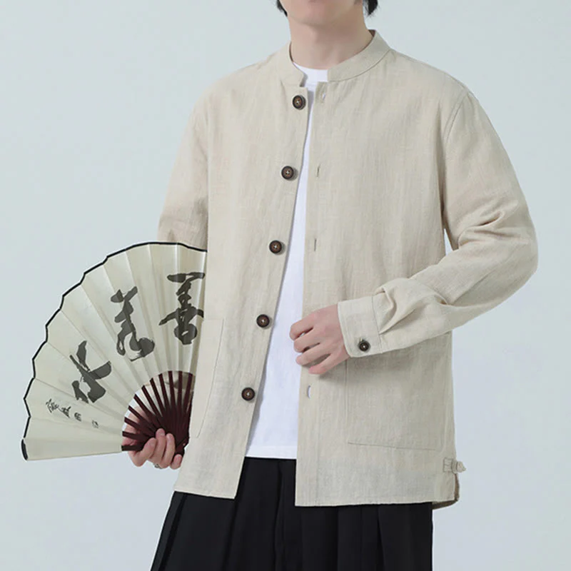 Buddha Stones Men's Button Ramie Linen Cotton Fleece Lined Jacket Shirt With Pockets