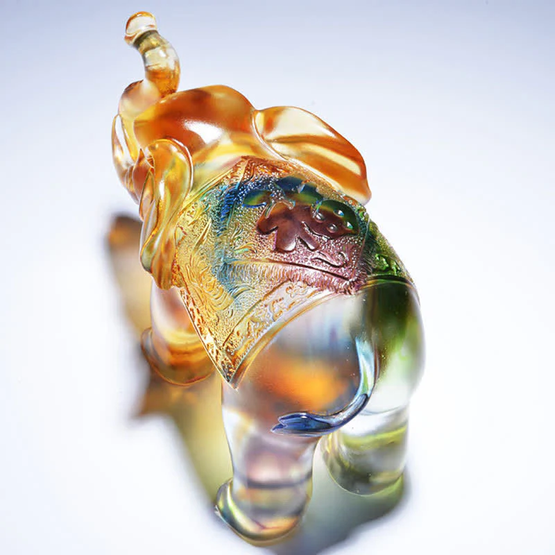 Buddha Stones Handmade Liuli Crystal Elephant Art Piece Wisdom Wealth Home Decoration